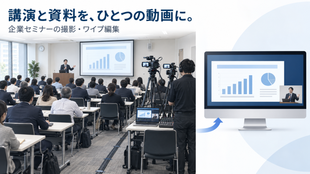 企業セミナーの撮影と、資料・登壇者を同じ画面に配置するワイプ編集の説明イラスト
