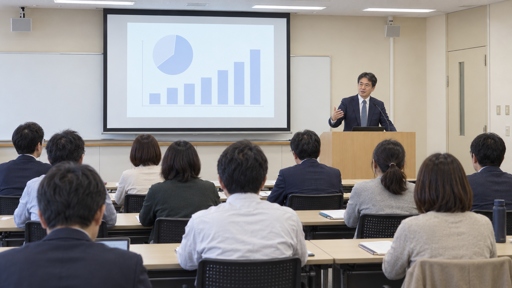 会場後方から登壇者と参加者を広く撮影する構図のAIイメージ